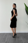 Velvet Fabric Shoulder Tassel Pencil Dress - Black