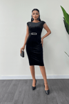 Velvet Fabric Shoulder Tassel Pencil Dress - Black