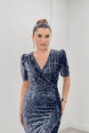 Kadife Payet Ceket Elbise - GRİ