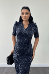Velvet Sequin Jacket Dress - Navy Blue