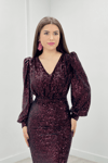 Çizgili Payet Kumaş Balık Elbise - BORDO