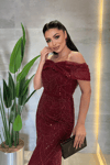 Kayık Yaka Boncuklu Kumaş Abiye Elbise - BORDO