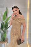 Kayık Yaka Boncuklu Kumaş Abiye Elbise - GOLD