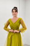 Kayık Yaka Tül Elbise - SARI