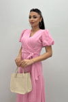 Keten Kumaş Kruvaze Yaka Midi Elbise - PEMBE