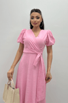 Keten Kumaş Kruvaze Yaka Midi Elbise - PEMBE