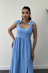 Keten Kumaş Omuzu Fiyonk Detaylı Elbise - BEBE MAVİSİ