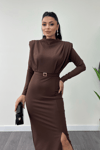 Krep Kumaş Degaje Yaka Kalem Elbise - KAHVERENGİ