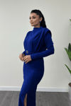 Krep Kumaş Degaje Yaka Kalem Elbise - SAKS MAVİ