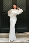 Krep Kumaş İnci Bolero Detaylı Balık Elbise - BEYAZ