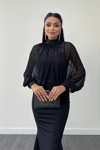 Krep Kumaş İnci Bolero Detaylı Balık Elbise - SİYAH