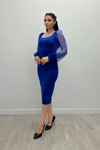Krep Kumaş Kare Yaka Kalem Elbise - SAKS MAVİSİ