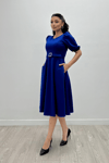 Crepe Fabric Belt Detailed Dress - Sax Blue
