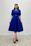 Crepe Fabric Belt Detailed Dress - Sax Blue