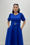 Crepe Fabric Belt Detailed Dress - Sax Blue