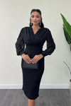Crepe Fabric Sleeves Tulle Pencil Dress - Black