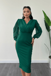 Crepe Fabric Sleeve Tulle Pencil Dress - EMERALD GREEN