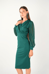Crepe Fabric Sleeve Tulle Pencil Dress - EMERALD GREEN
