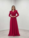 Crepe Fabric Double Breasted Collar Flared Dress - RED