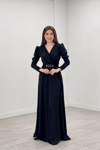 Crepe Fabric Double Breasted Collar Flared Dress - BLACK