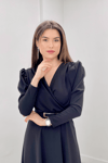 Crepe Fabric Double Breasted Collar Flared Dress - BLACK