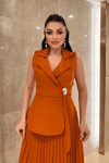 Krep Kumaş Plise Detaylı Elbise - KİREMİT