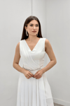 Krep Kumaş Şifon Şal Detaylı Abiye Tulum - BEYAZ