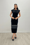 Krep Kumaş Taş Detaylı Kalem Elbise - SİYAH