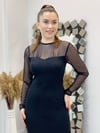Krep Kumaş Tül Detaylı Kalem Elbise - SİYAH