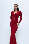 Double- Breasted Belt Detailed Dress  - Red