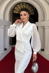 Kruvaze Yaka Taş Detaylı Elbise - BEYAZ