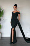 Metalik Kumaş Şal Detaylı Abiye Elbise - ZÜMRÜT YEŞİLİ