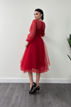 Organze Kumaş İnci Detaylı Midi Elbise - KIRMIZI