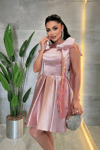 Organze Saten Kumaş Prenses Mini Elbise - PEMBE