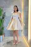 Organze Saten Kumaş Prenses Mini Elbise - BEJ