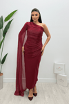 Organze Şifon Double Kumaş Şal Detaylı Elbise - BORDO