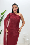 Organze Şifon Double Kumaş Şal Detaylı Elbise - BORDO