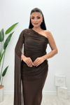 Organze Şifon Double Kumaş Şal Detaylı Elbise - KAHVERENGİ