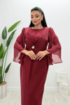 Organze Şifon Double Kumaş Tasarım Elbise - BORDO