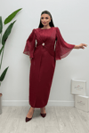 Organze Şifon Double Kumaş Tasarım Elbise - BORDO