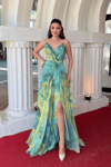 Organze Sifon Kumaş Desenli Maxi Elbise - MİNT YEŞİLİ