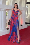 Organze Sifon Kumaş Desenli Maxi Elbise - SAKS MAVİ