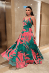 Organze Sifon Kumaş Desenli Maxi Elbise - YEŞİL