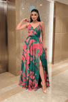 Organze Sifon Kumaş Desenli Maxi Elbise - YEŞİL