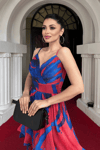 Organze Sifon Kumaş Desenli Mini Elbise - SAKS MAVİ