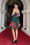 Organze Sifon Kumaş Desenli Mini Elbise - YEŞİL