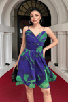 Organze Sifon Kumaş Desenli Mini Elbise - MOR