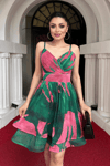 Organze Sifon Kumaş Desenli Mini Elbise - YEŞİL