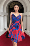 Organze Sifon Kumaş Desenli Mini Elbise - SAKS MAVİ