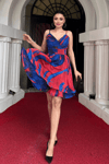 Organze Sifon Kumaş Desenli Mini Elbise - SAKS MAVİ